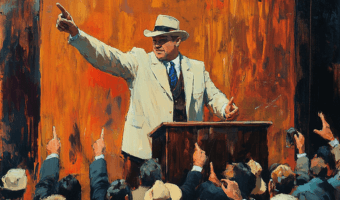 An auctioneer calling bids from the rostrum as bidders raise their hands